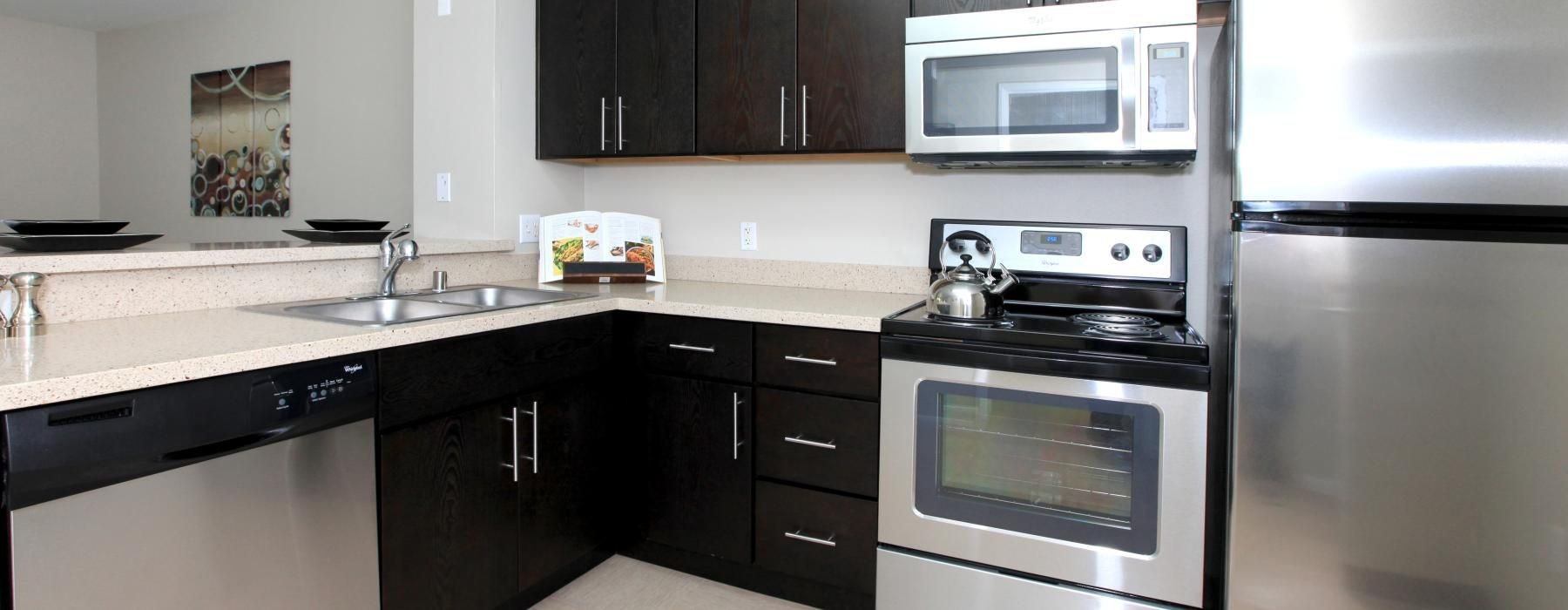 a kitchen with black cabinets